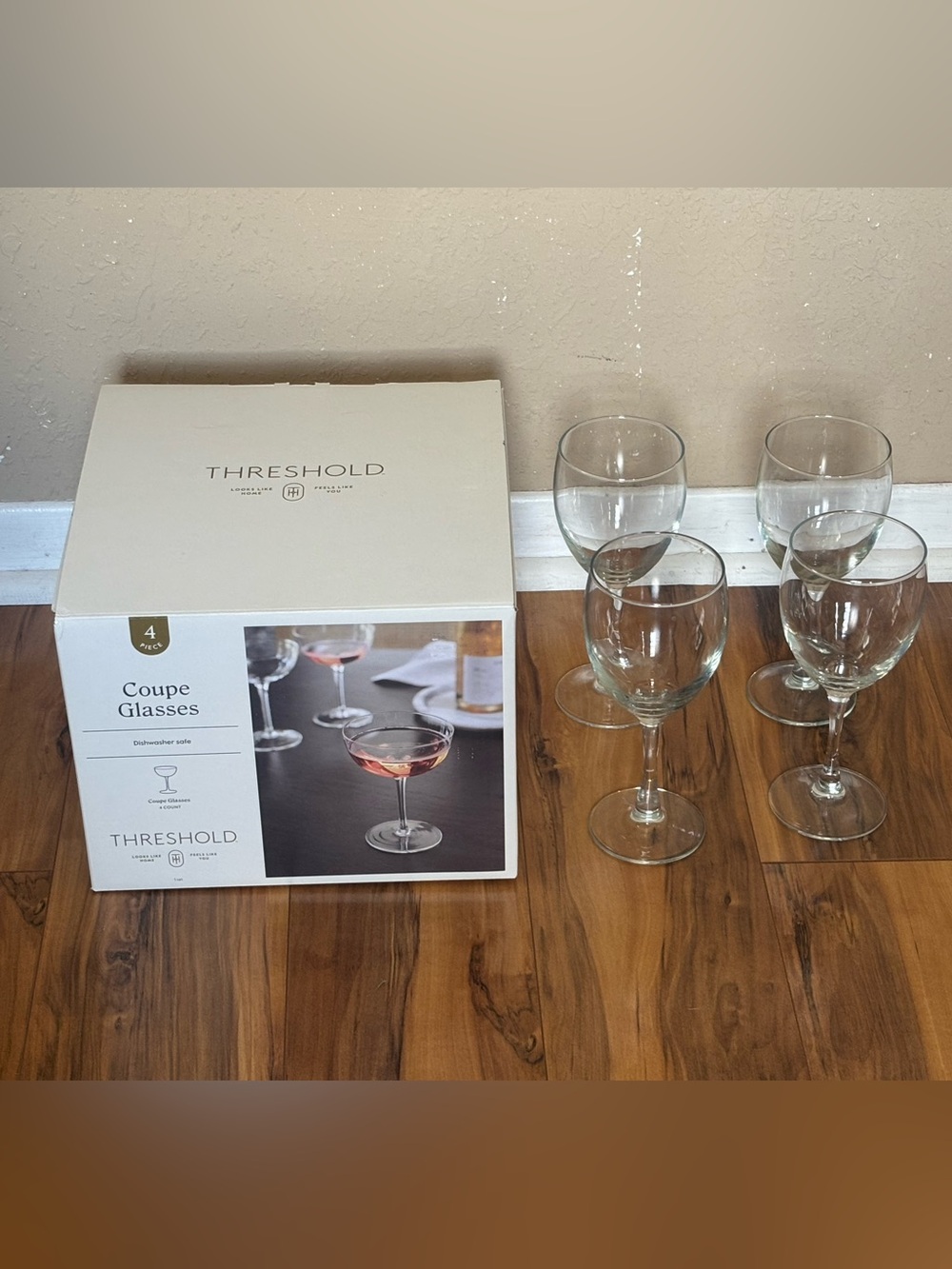 Set of 4 Threshold Clear Coupe Glasses and Stemmed Wine Glass